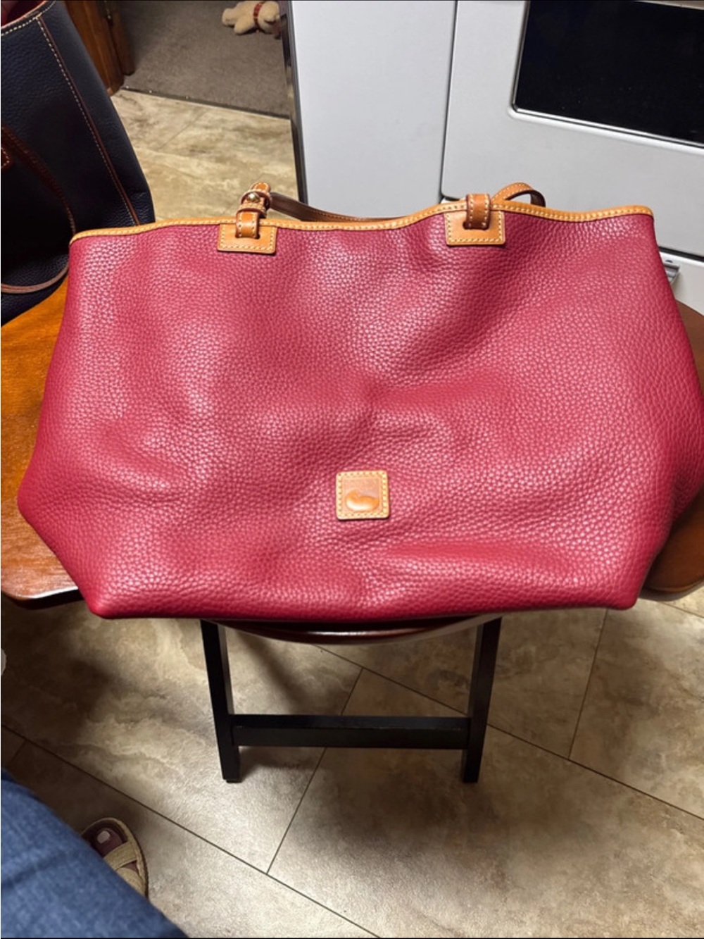 Red Pebbled Leather Tote Bag with Tan Trim Dooney and Bourke